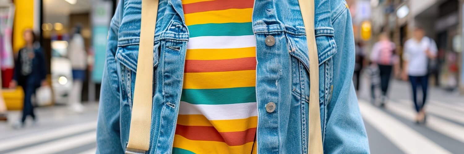 A stylish young woman with a bob haircut wears a denim jacket over a colorful striped shirt while crossing a bustling city street.