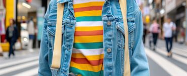 A stylish young woman with a bob haircut wears a denim jacket over a colorful striped shirt while crossing a bustling city street.