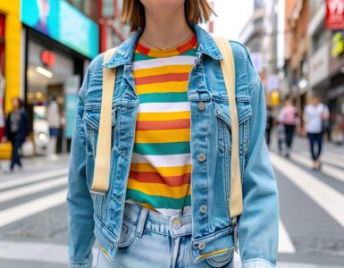 A stylish young woman with a bob haircut wears a denim jacket over a colorful striped shirt while crossing a bustling city street.
