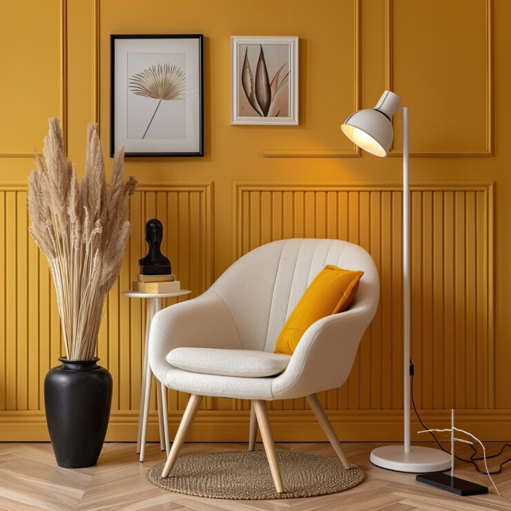 chair and lamp sitting area with yellow wall